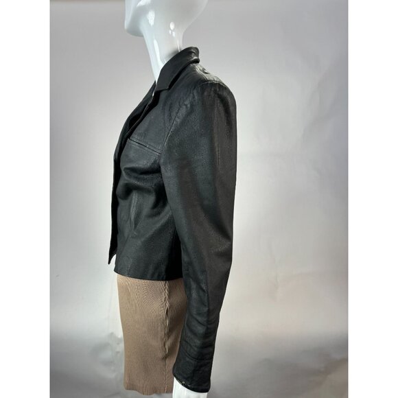 Vintage Black Leather Cropped Blazer Jacket With Unique Button Details - Picture 9 of 16